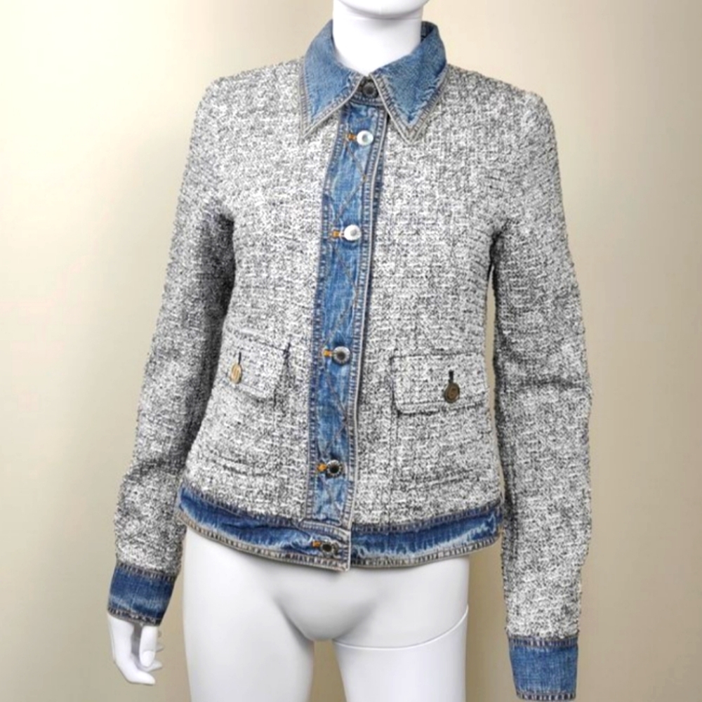 Denim-Trimmed Blue and White Tweed Blazer/Jacket